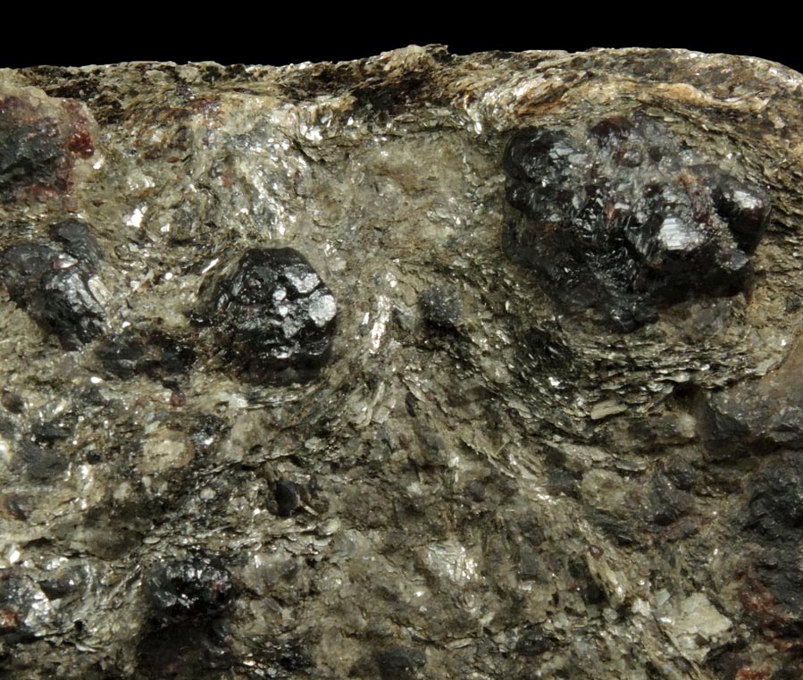 Detail view of mineral Almandine Garnet in schist for sale from near the Spuyten Duyvil, northern Manhattan Island, New York City, New York County, New York