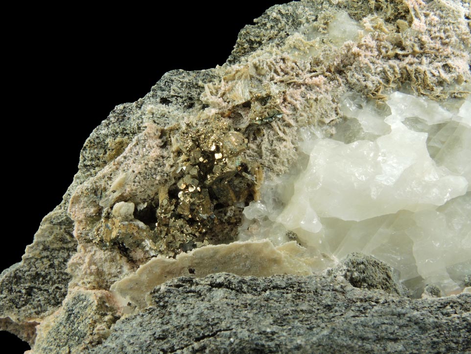 Detail view of mineral Pyrite and Stilbite-Ca in Calcite-filled vein for sale from Harlem Meer, in the northeast corner of Central Park, New York City, New York County, New York