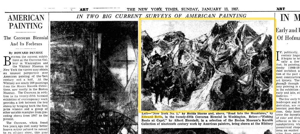 Clipping of NY Times that showed an image of Betts' painting entitled Road Into The Mountains at the 1957 Corcoran Biennials of American Painting
