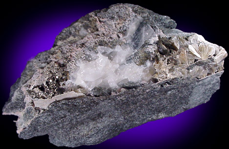 Mineral Specimens: Pyrite and Stilbite in Calcite vein from Harlem Meer, Central Park, Manhattan Island, New York City, New York